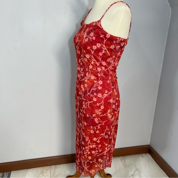 Vintage Y2K Spaghetti Strap Dress Beach Resort Asymmetric Red Ditsy Floral Midi - Picture 5 of 14